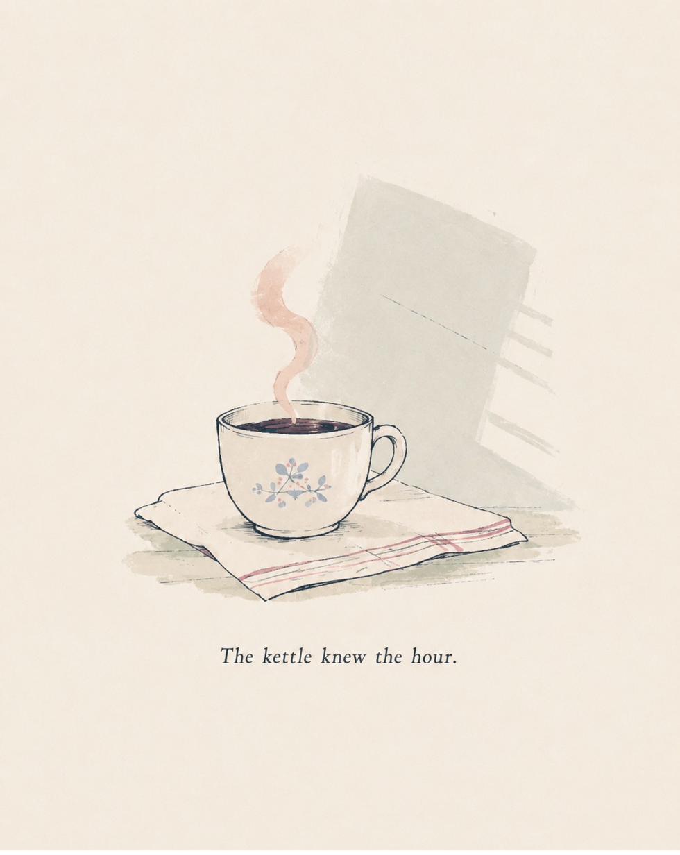 A teacup on a folded cloth beside a newspaper, steam rising. Caption reads: The kettle knew the hour.